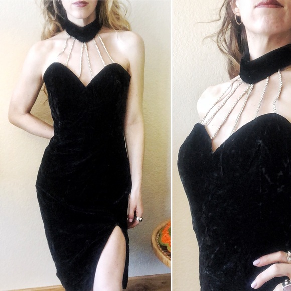 Vintage Dresses & Skirts - Vintage✨80s GLAM Sexy Black Velvet Choker Dress